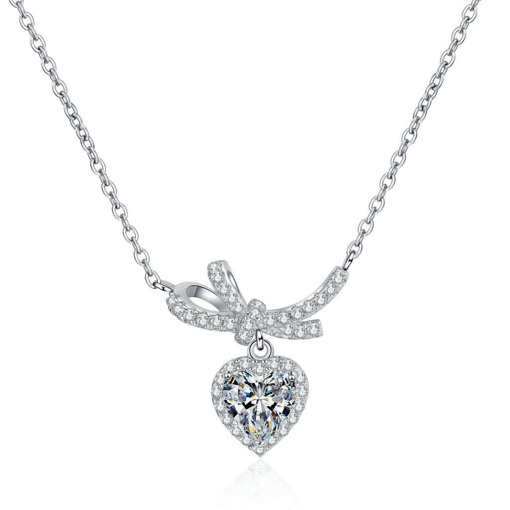 [Valentine's Gift] #747 Bowknot Heart Cut Moissanite Necklace S925 Sterling Silver