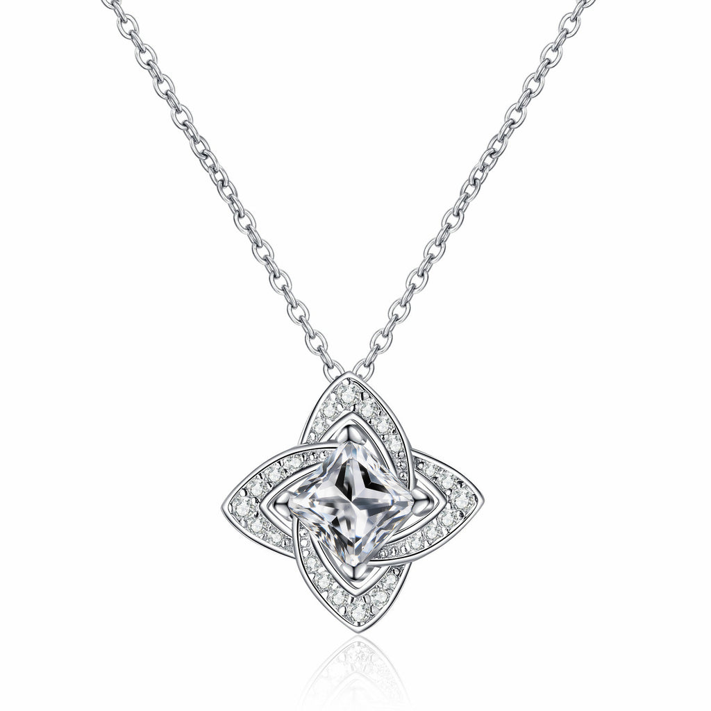 [ Valentine's Gift ] #745 Halo Design Moissanite Princess Cut  Necklace S925 Sterling Silver