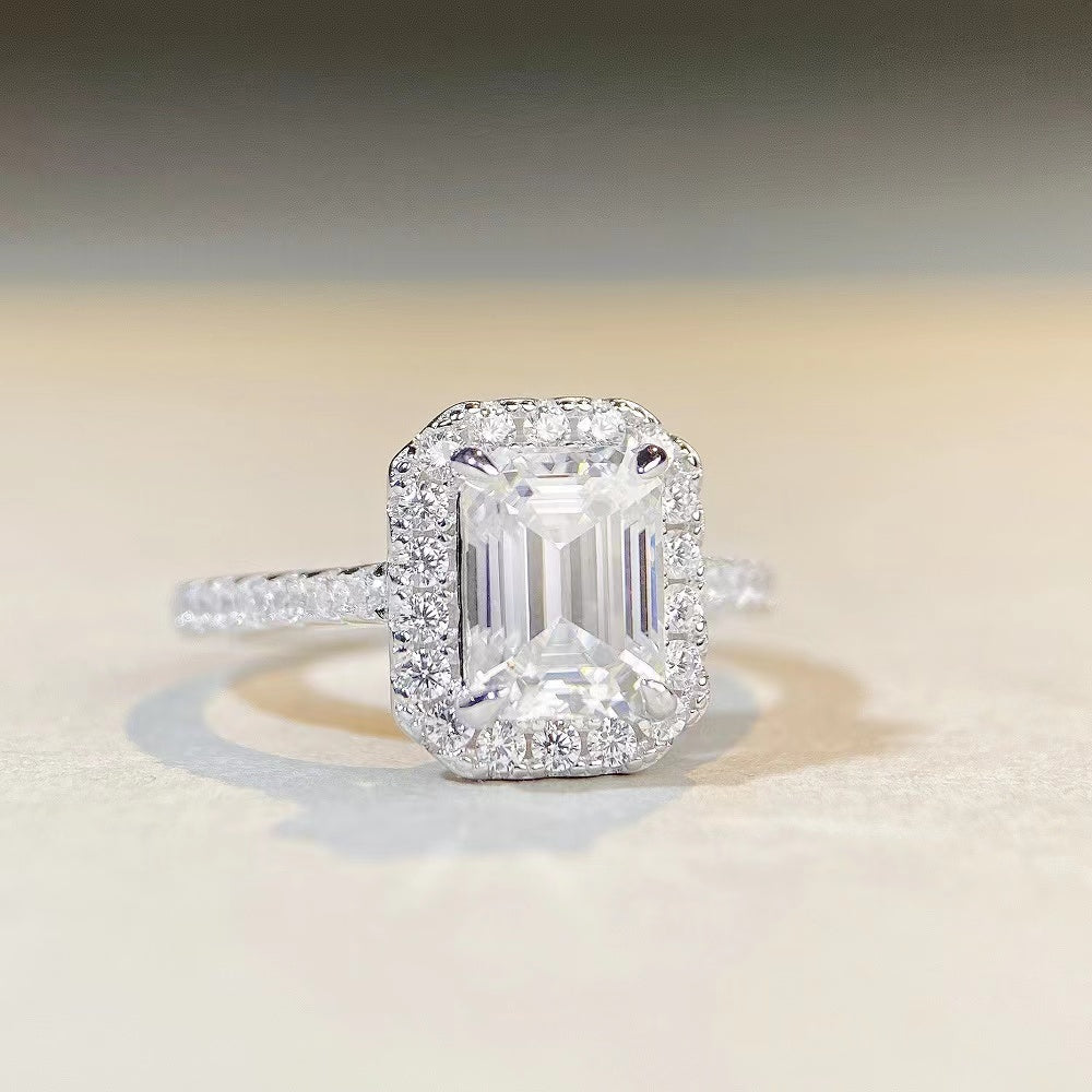 #403 1-2Carat Emerald Cut Halo Moissanite Ring S925 Sterling Silver