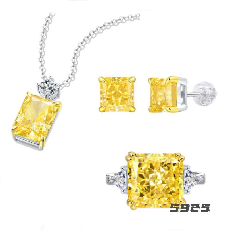 # 213  Yellow Artificial Gem Necklace Ring Earing Set S925 Sterling Silver