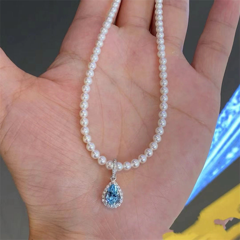 #763 Egelent 2CT Pear Cut Moissanite Pearl Necklace S925 Sterling Silver