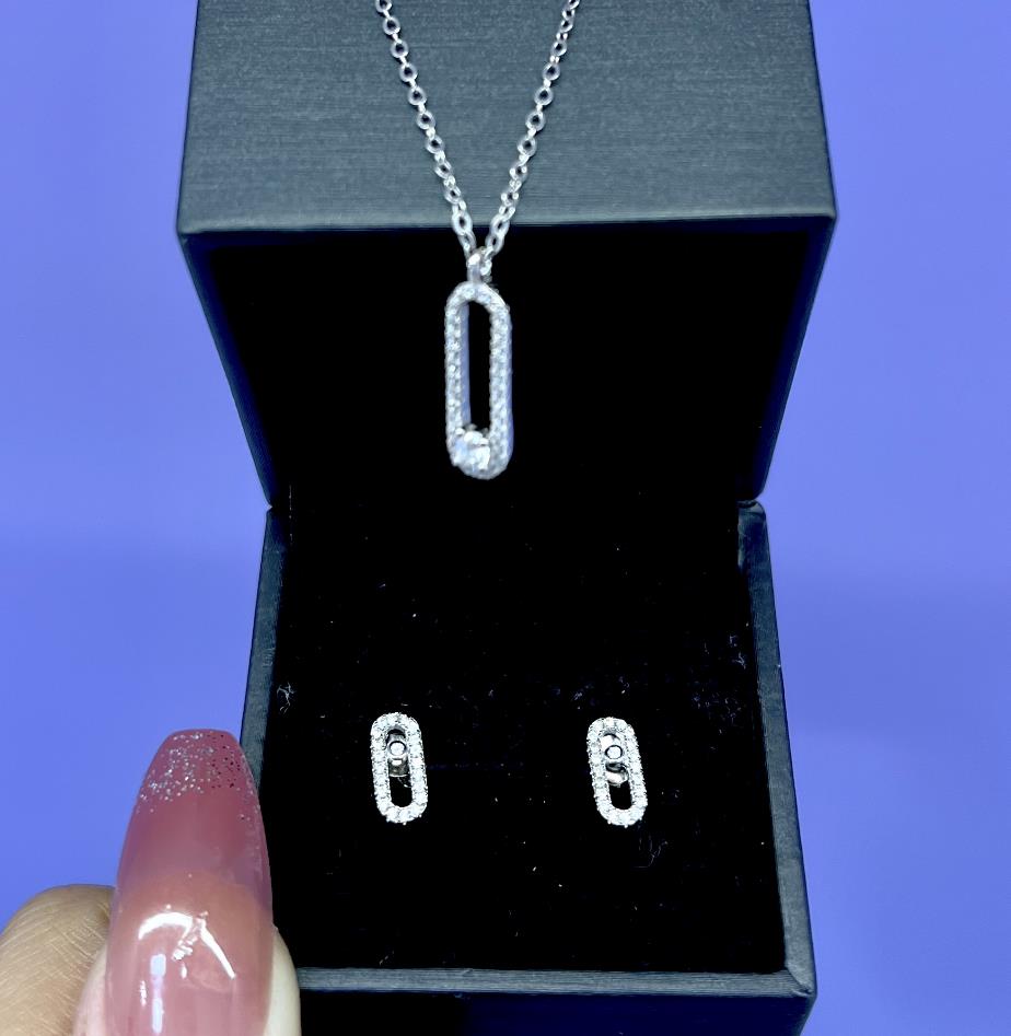 #603 Moissanite Pin Desgin Stud Earring Necklace Set 925 Sterling Silver