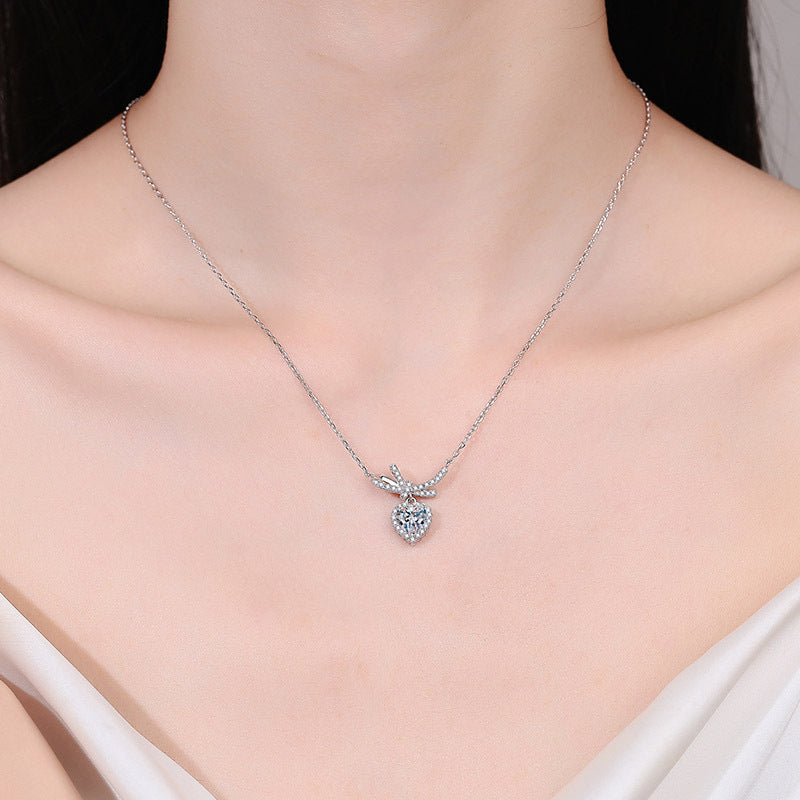 [Valentine's Gift] #747 Bowknot Heart Cut Moissanite Necklace S925 Sterling Silver