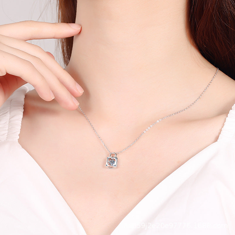 [ Valentine's Gift ] #744 Lock Design Moissanite Necklace S925 Sterling Silver