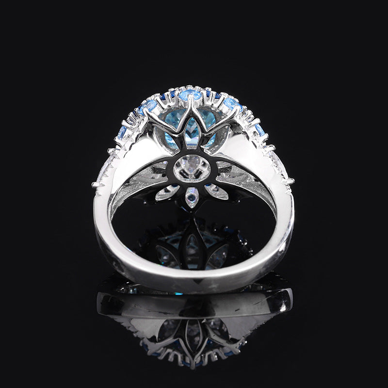 #645 Luxury  Design 8*8mm Sea Blue Gem Ring S925 Sterling Silver