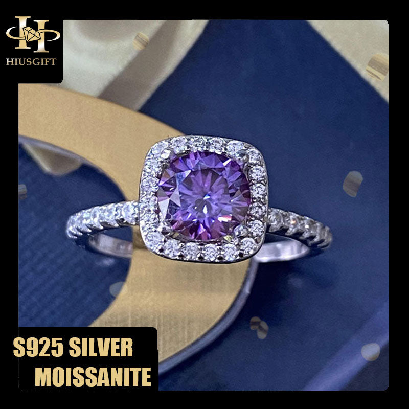 #405 1-2Carat Purple Moissanite Ring S925 Sterling Silver Halo Design