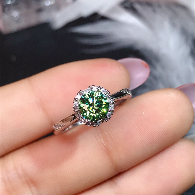 #163  1-2Carat Green Moissanite Women Ring S925 Sterling Silver