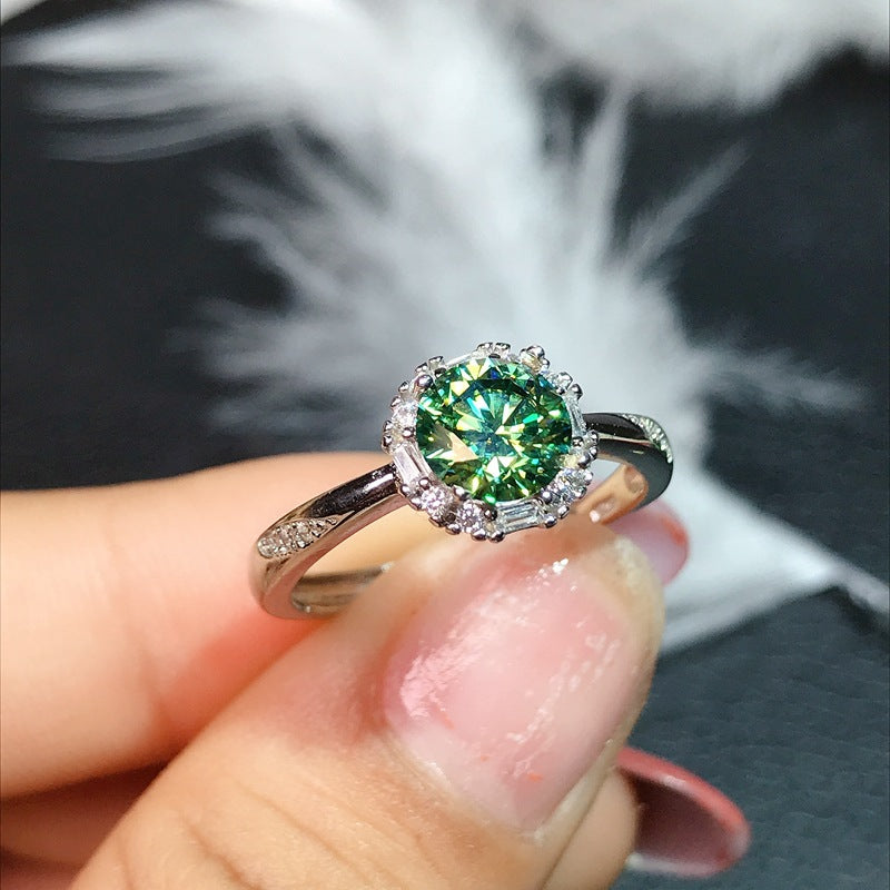 #163  1-2Carat Green Moissanite Women Ring S925 Sterling Silver