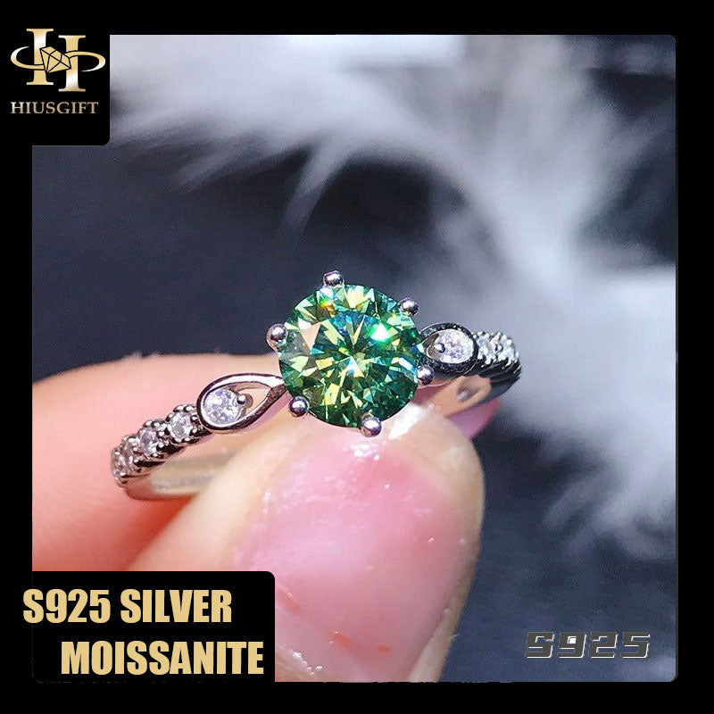 #161  1Carat Green Moissanite Sidestones Ring S925 Silver