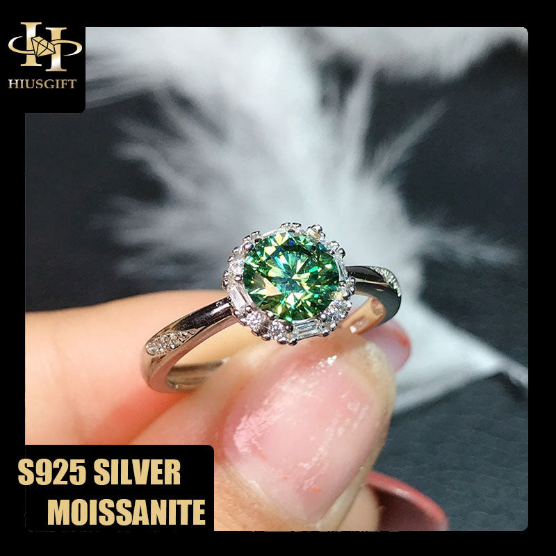 #163  1-2Carat Green Moissanite Women Ring S925 Sterling Silver