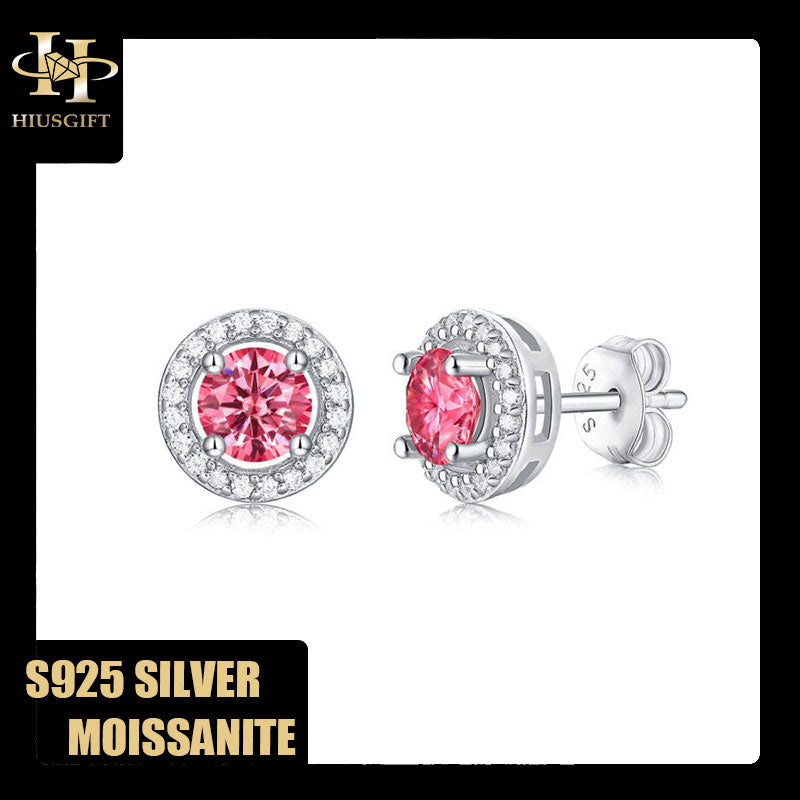 #186 1Carat Pink Moissanite Women Halo Ear Stud S925 Sterling Silver