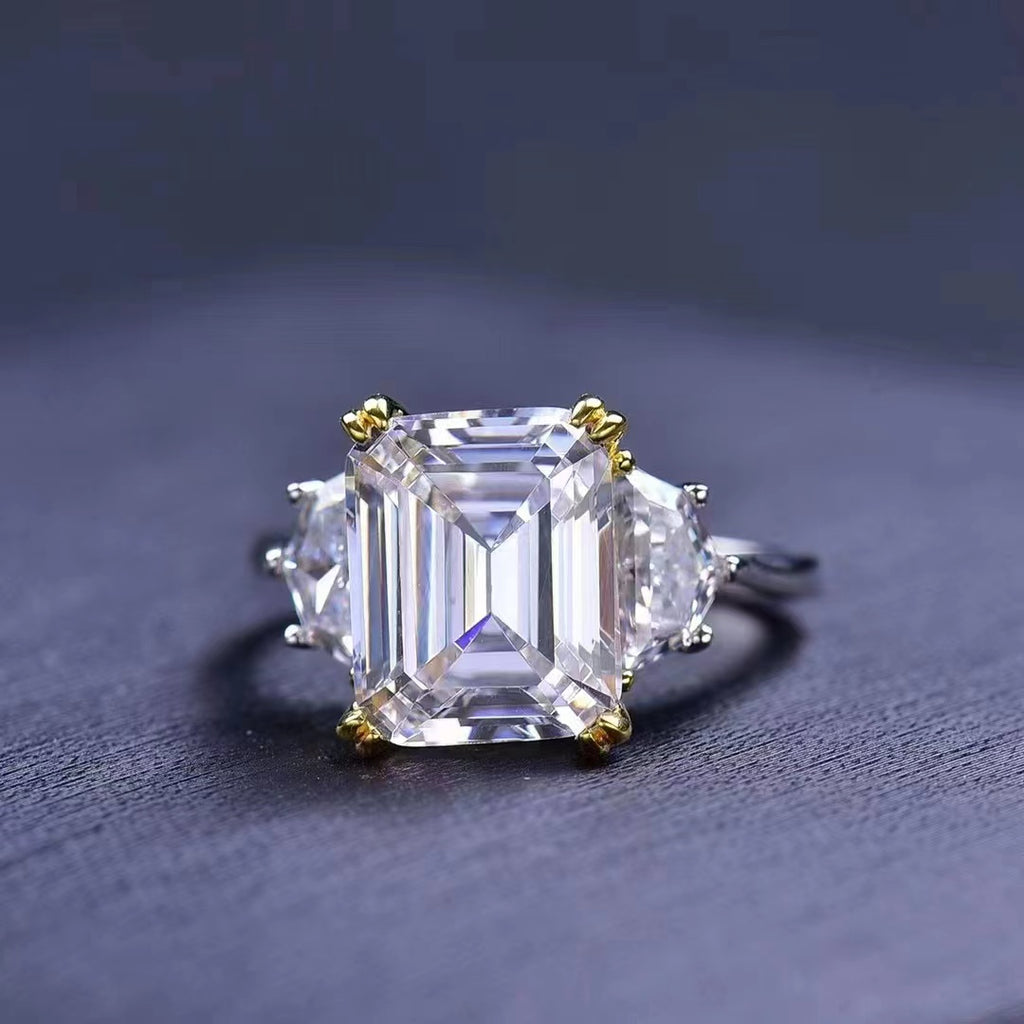 #550 5Carat Moissanite Emerald Cut three-Stones Design Ring S925 Sterling Silver