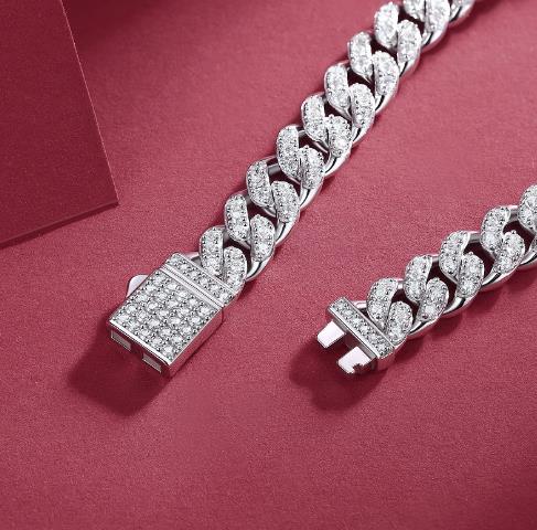 #470 17-19cm All Moissanite Cuban Bracelet for Women Men 925 Sterling SIlver