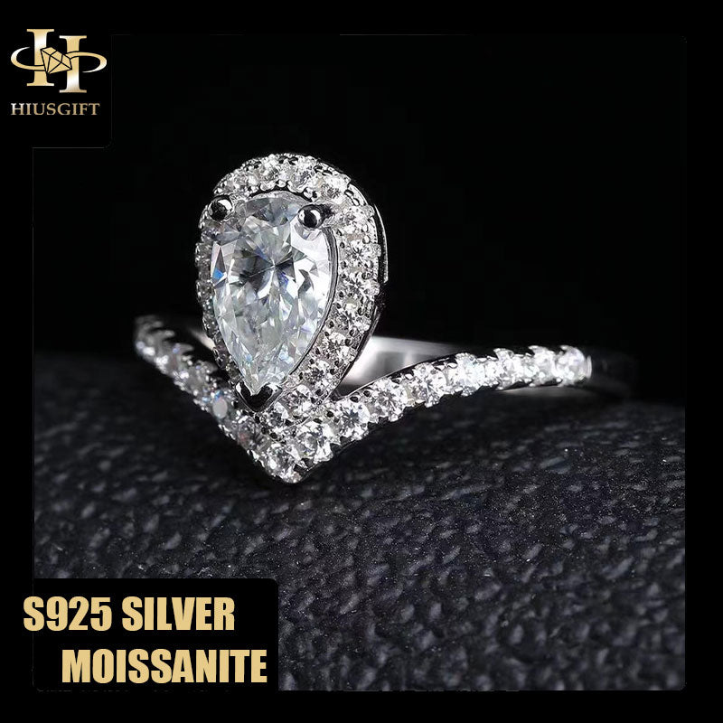 #304 1Carat Pear Moissanite V Ring S925 Sterling Silver HGE Placeted 18 karat  Gold