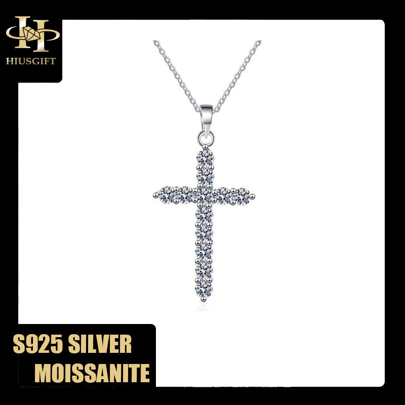 #373 Moissanite Cross Necklace S925 Silver PT950 Plated Thicker Gold