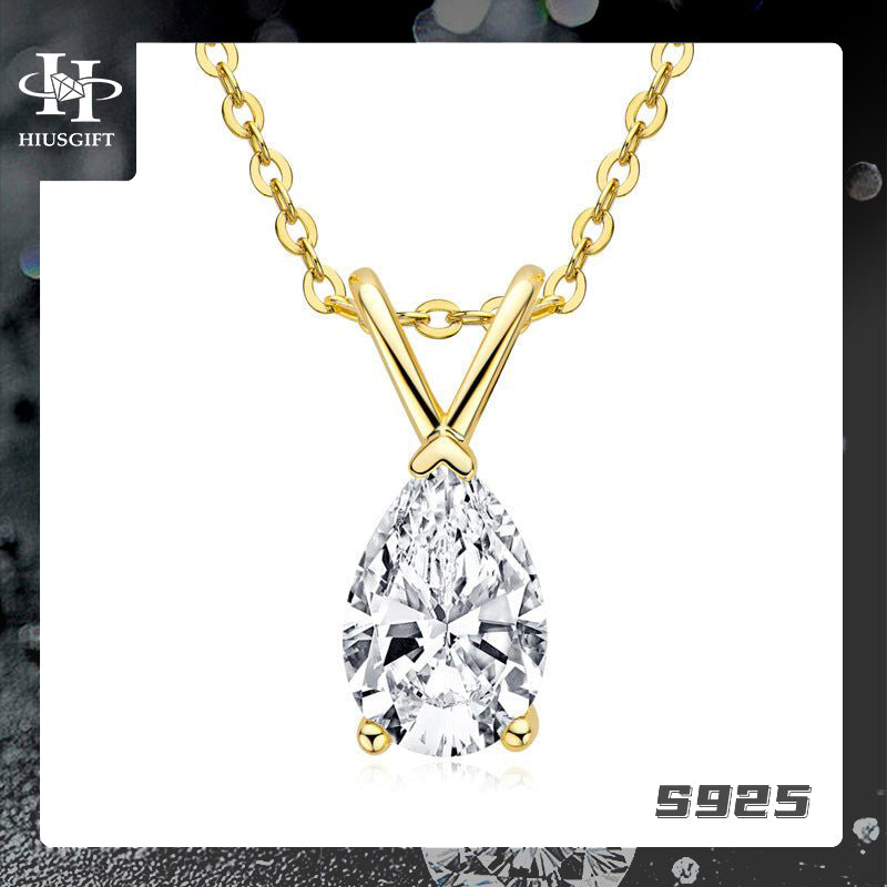 #375 1.5Carat Moissanite Pear Shape Necklace S925 Silver PT950 Plated Thicker Gold