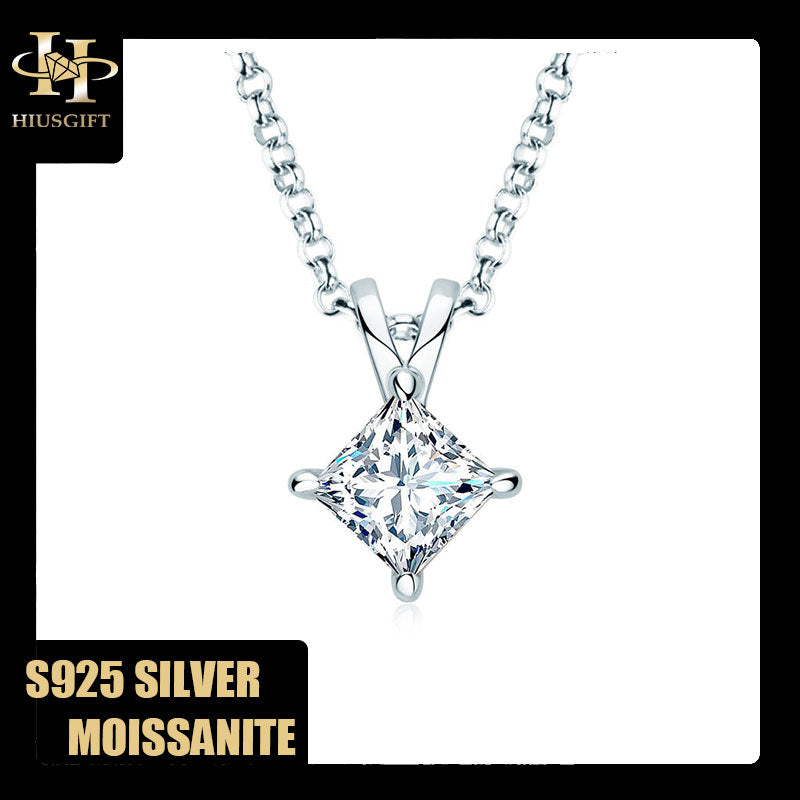 #376 1Carat Moissanite Princess Cut Necklace S925 Silver PT950 Plated Thicker Gold