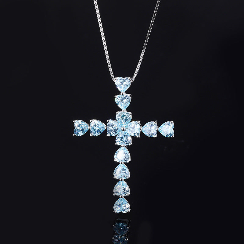# 227 Blue Artificial Gem S925 Sterling Silver Cross Necklace