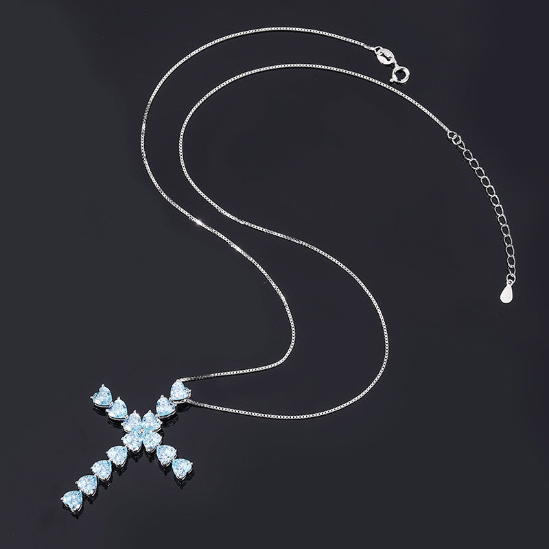 # 227 Blue Artificial Gem S925 Sterling Silver Cross Necklace